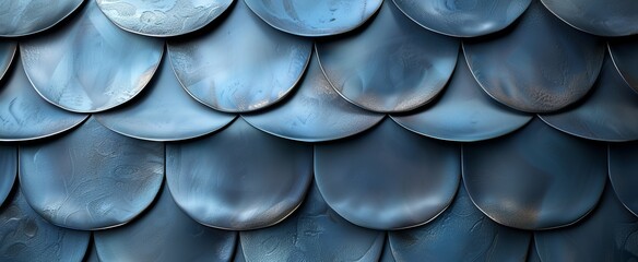 Obraz premium A seamless pattern of overlapping, round, metallic scales in a deep blue hue, reminiscent of armor or dragon scales