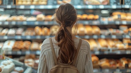 With a contemplative look, a woman admires an enticing selection of pastries and bread in a charming bakery filled with warm light