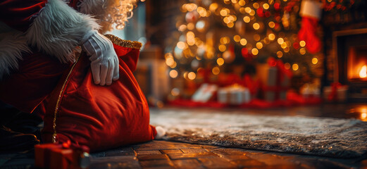 Obraz premium Santa cheerfully holds his sack of presents in a cozy, festive living room with a twinkling tree and warm fireplace, capturing holiday joy and tradition