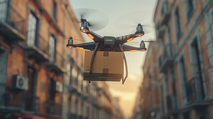 A drone hovers above a quaint city street, expertly delivering a package as the sun sets, casting a warm glow over the charming architecture