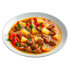 Galician soup isolated on white or transparent background. Close-up Galician soup in a white plate. Side view. Traditional Spanish dish