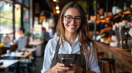 Happy young woman and restaurant owner holds her phone expertly using mobile technology to manage her small business with ease Female entrepreneur making success in the hospitality ind