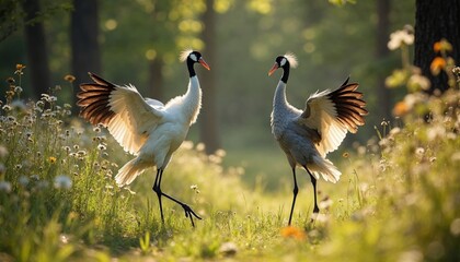Fototapeta premium Two cranes dancing in a meadow with their wings spread wide. A graceful and elegant display of wildlife in nature