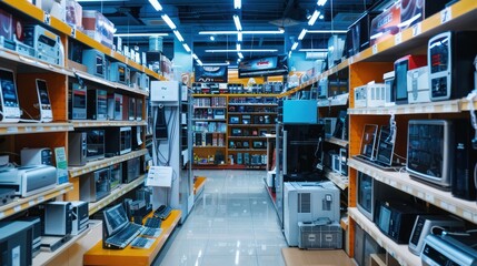Interior of electronics store with various appliances arranged for sale