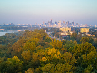 View of the Warsaw skyline during autumn.