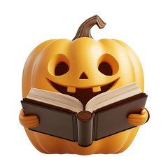 3D rendered vector Halloween pumpkin reading a book, cartoon aesthetic isolate on transparent background