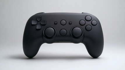 Black game controller on a gray background.