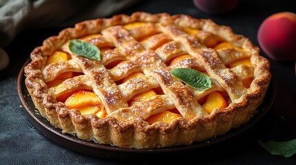 A delicious peach pie with a lattice crust, garnished with fresh mint leaves.