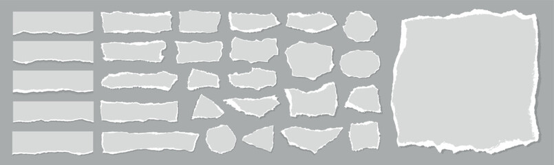 Set of white ripped paper stripes. Realistic papers scrap with torn edges. Notepad torn papers for message note, page or banner. Vector collection.