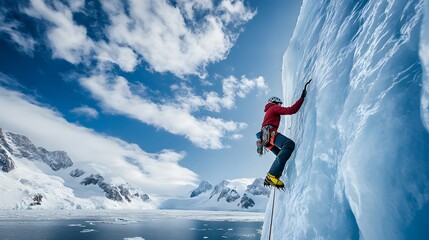Ice climbing, climbing on an ice wall, blue sky with white clouds
