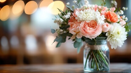 A cozy arrangement of mixed flowers in a mason jar, set on a wooden table, featuring pink roses and orange flowers, with delicate white blooms and green leaves.