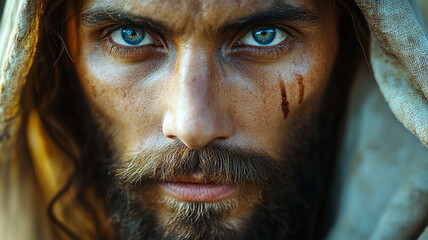 The calm and beautiful face of Jesus IN PRAYER. The Temple of God.