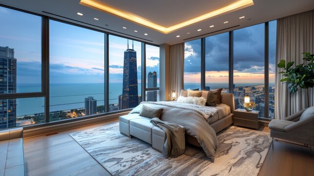Modern and luxurious master bedroom with views of Chicago and Lake Michigan Condo or Hotel accommodation