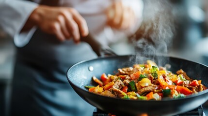 A chef expertly handles a stir-fry of meat and vegetables in a hot skillet, blending flavors and textures to create a mouth-watering dish, highlighting culinary expertise and passion.