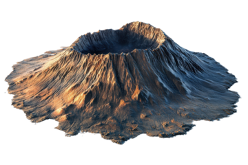 A stunning volcanic mountain with rugged terrain and a caldera at the top, isolated on a white background.