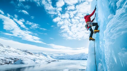 Ice climbing, climbing on an ice wall, blue sky with white clouds