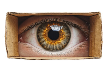 An eye peering through a cardboard box, symbolizing curiosity and perception.