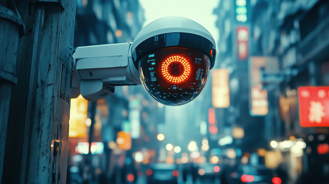 Robotic CCTV camera with artificial intelligence recognition system scanning a busy street, [CCTV camera], [AI-powered surveillance technology]  - Powered by Adobe