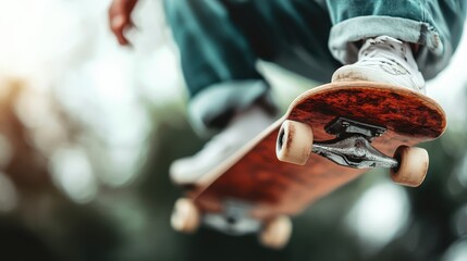 A close-up action shot of a skateboarder mid-air, focusing on the skateboard and movement, capturing the thrill and excitement of skateboarding tricks and outdoor adventure.