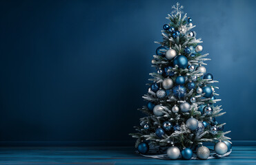 A beautifully decorated Christmas tree on dark blue background with copy space for text