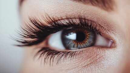 This close-up image beautifully captures the intricate details of a blue eye, featuring long, lush lashes and vivid iris patterns, showcasing nature's beauty in sharp focus.