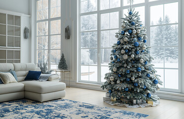 Christmas interior design, living room in white and blue tones with floor-to-ceiling windows