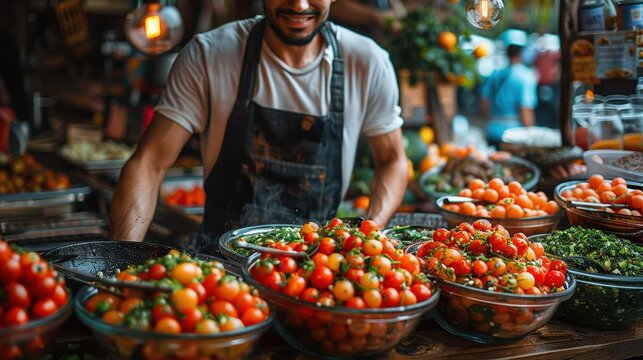 A vibrant market scene featuring a smiling vendor in an apron displaying a variety of fresh tomatoes and greens in large glass bowls under warm lighting