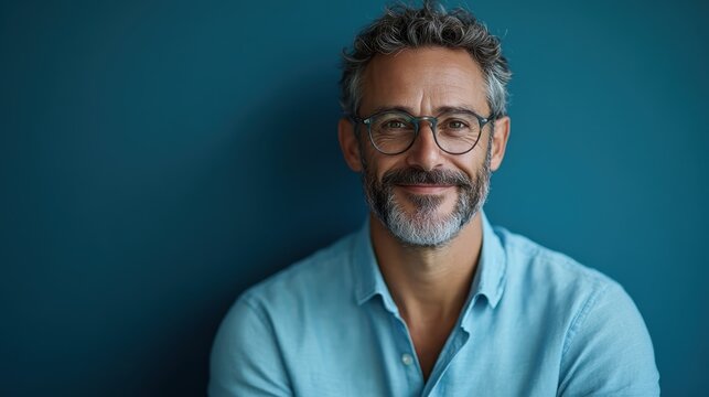 A middle-aged man stands smiling with glasses, wearing a light blue shirt against a solid teal background, conveying warmth and friendliness.