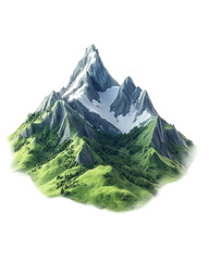 Mountain scenery with lush green hills and snow-capped peaks on a white isolate background.