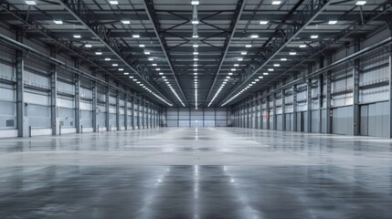 Photo of empty warehouse with bright lighting, grey concrete floor, white metal walls and steel ceiling. Large room for small factory or production line.