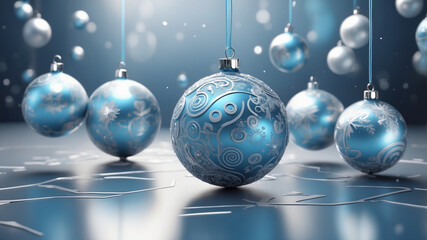 AI Christmas Ornaments in Virtual Reality, An abstract background of floating AI-enhanced Christmas ornaments adorned with digital pattern