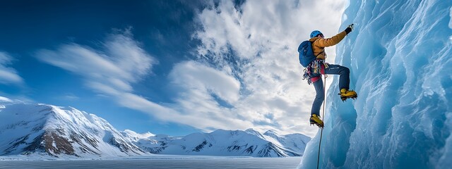 Ice climbing, climbing on an ice wall, blue sky with white clouds
