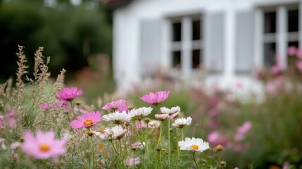 A charming garden full of pink and white flowers, with a blurry traditional-style house in the background, emphasizing a serene and delightful natural environment.