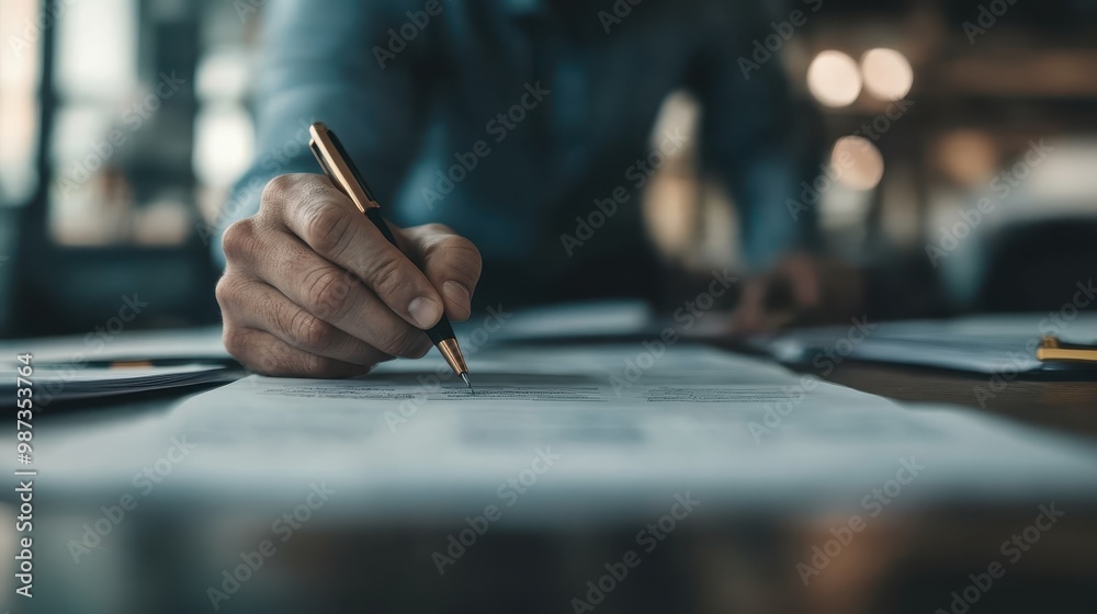 Wall mural a close-up image of a person signing a formal document with a black pen, focusing on the hand and th