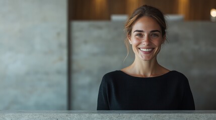 A friendly woman with a bright smile stands at a modern reception desk against a stylish backdrop, emphasizing hospitality, warmth, and customer service.