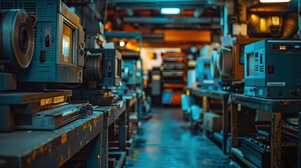 A high-tech industrial manufacturing facility with advanced machinery and equipment arranged along the production lines in a well-lit environment