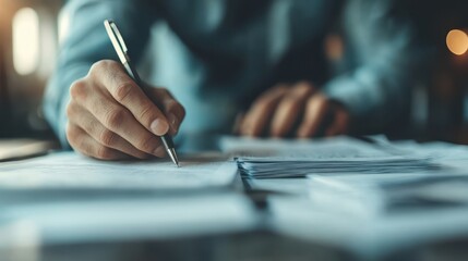 A close-up image showcasing a person writing on multiple papers with a silver pen, focusing on the hand and the papers spread across the table in an organized manner.