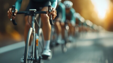 Fototapeta premium A dynamic, energetic image of cyclists racing on the road, captured in motion blur on a sunny day, embodying speed, competition, and outdoor sportsmanship.