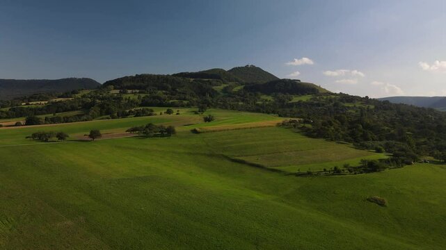 A flight above Dettingen Teck towards the Castle Teck which is located high above the mountain 