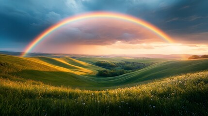 Naklejka premium A vibrant rainbow arcs across a stormy sky over lush green hills, with golden hour lighting creating a dramatic landscape and vivid countryside panorama.