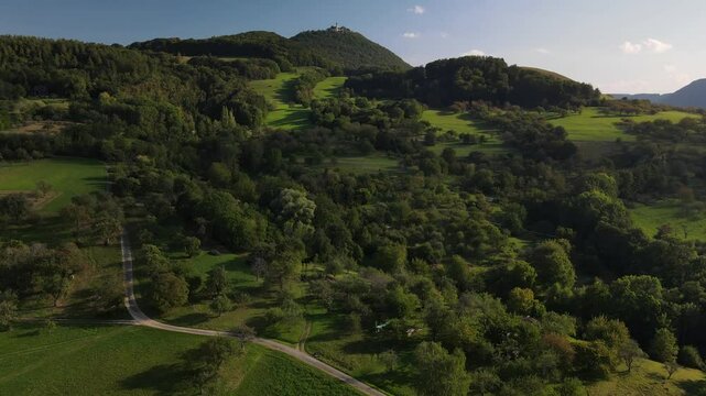 A flight above Dettingen Teck towards the Castle Teck which is located high above the mountain 