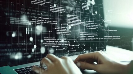 Close-up of a user typing on a laptop with digital code overlay.