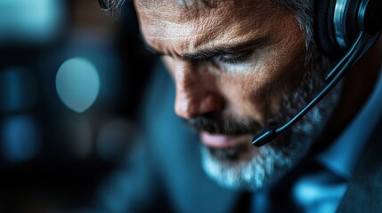 A blurred figure is seen wearing glasses and a headset in an office environment, reflecting the focus on communication, technology, and professionalism in the workplace.