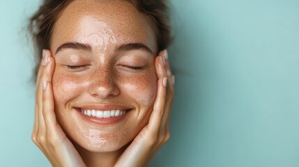 A woman with striking freckles grins broadly, hands holding her glowing, oil-shined face close, set against a solid green backdrop, embodying freshness and clarity.