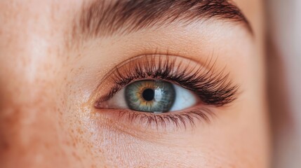Obraz premium An extreme close-up photograph showcasing a captivating blue-green eye with long, thick, and well-defined eyelashes surrounded by light skin with freckles.