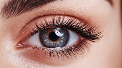Obraz premium A highly detailed close-up image of an eye, excellently showcasing stunning details in the iris and surrounding areas, with perfectly groomed and long, curved eyelashes.