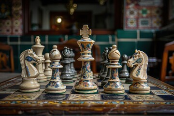 Intricately designed ceramic chess pieces placed on a detailed and colorful tiled chessboard in a traditional indoor setting