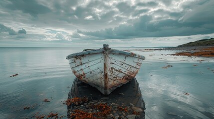 A weathered and rusted old boat sits abandoned on a tranquil rocky shoreline under a dramatic, overcast sky with calm ocean waters reflecting the serene mood