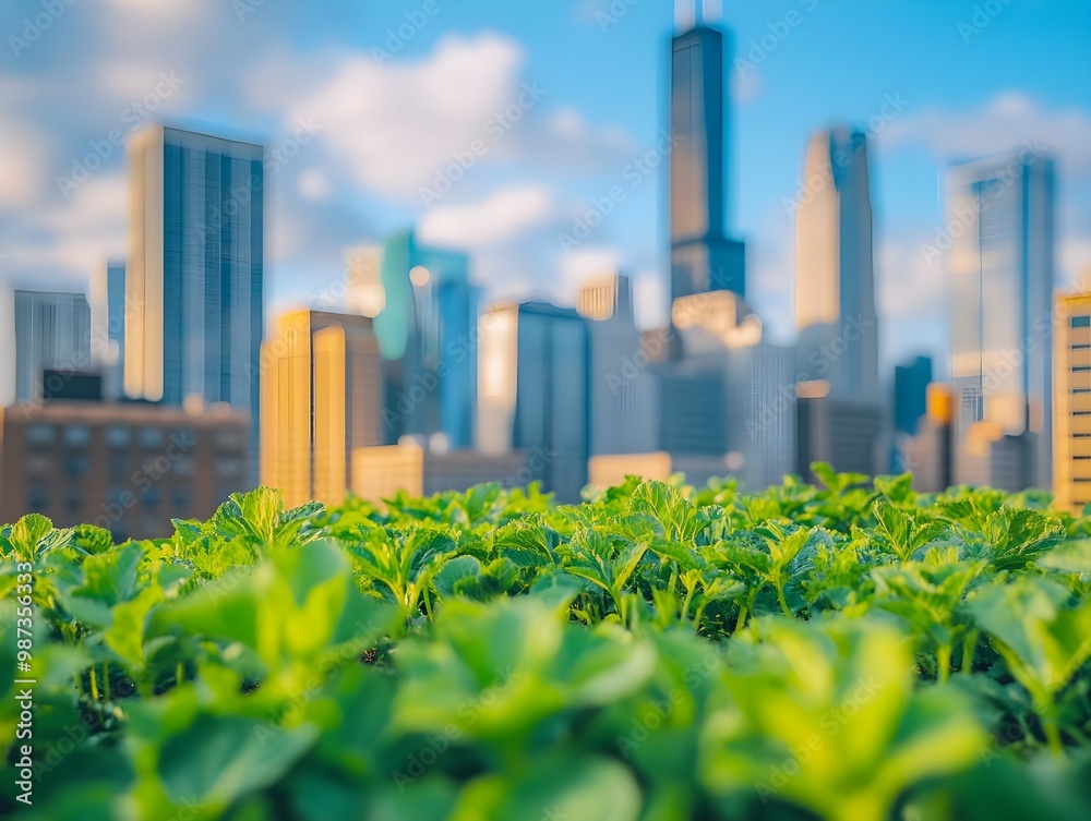 Wall mural green plants with city skyline in background