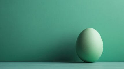 A minimalist image showcasing a single green egg resting on a smooth matching green backdrop, emphasizing simplicity, balance, and the elegance of natural forms.